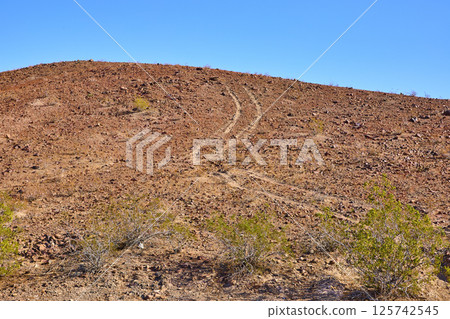 Desert Hill and Tire Tracks with Rugged Terrain Viewpoint Desert Hill and Tire Tracks with Rugged Terrain Viewpoint 125742545