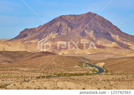 Desert Mountain View with Road Northshore Nevada Eye Level Perspective Desert Mountain View with Road Northshore Nevada Eye Level Perspective 125742563