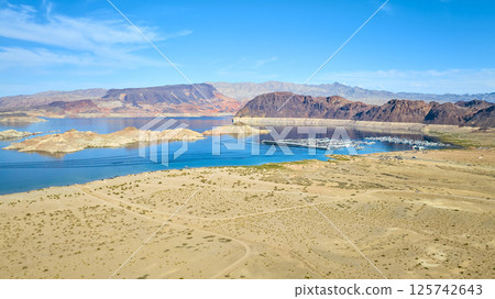 Aerial of Lake Mead and Rugged Desert Landscape 125742643