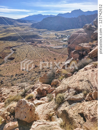 Desert Settlement and Rock Formations Nevada Aerial Panorama Desert Settlement and Rock Formations Nevada Aerial Panorama 125742652