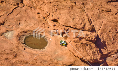 Aerial of Red Rock Canyon Desert Pool and Travel Box 125742654