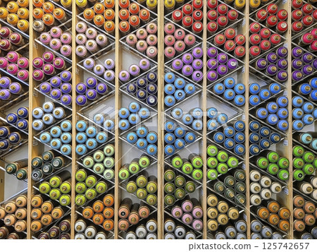 Vibrant Spray Paint Display in Art Store Eye-Level View Vibrant Spray Paint Display in Art Store Eye-Level View 125742657