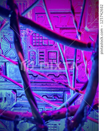 Futuristic Cable Network in Neon Hues Eye-Level View Futuristic Cable Network in Neon Hues Eye-Level View 125742682