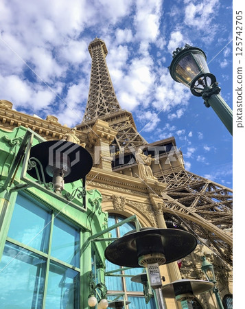 Eiffel Tower Replica and Lamps in Las Vegas Low Angle View 125742705