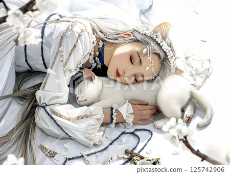 Illustration material of a sleeping cat fairy 125742906
