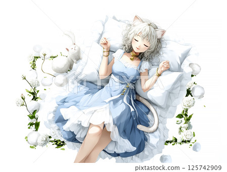 Illustration material of a sleeping cat fairy 125742909