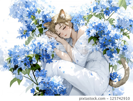 Illustration material of a sleeping cat fairy 125742910