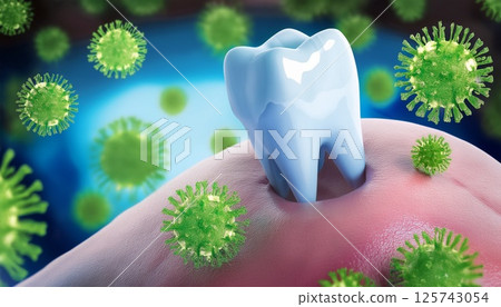 Close-up of receding gums and bacteria such as periodontal disease bacteria that gather around the teeth. Image of oral care. 125743054