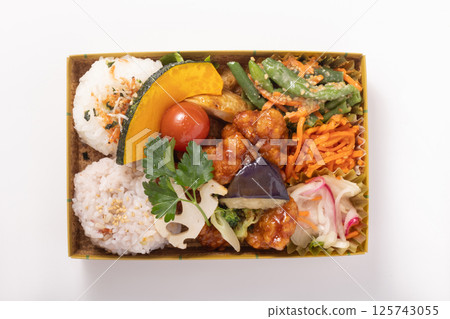 Young chicken with black vinegar sauce and colorful vegetables bento 125743055