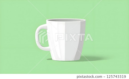 Flat vector illustration of a ceramic mug, front view, on solid green background. White color mug with simple shape, no logo or texture, ideal for mockup 125743319