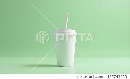 Mockup of a takeaway drink cup with lid and straw, front view on green background. Clean shapes and neutral color, perfect for branding design 125743333