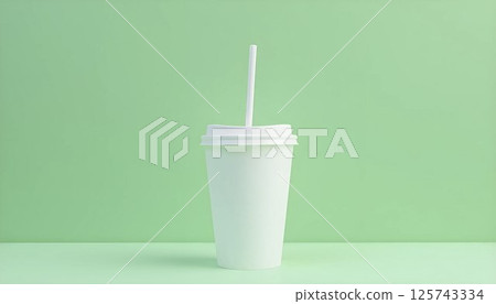 Mockup of a takeaway drink cup with lid and straw, front view on green background. Clean shapes and neutral color, perfect for branding design Mockup of a takeaway drink cup with lid and straw, front view on green background. Clean shapes and neutral color, perfect for branding design 125743334