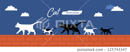 Illustration of a parent and child cat walking on a fence 125743347