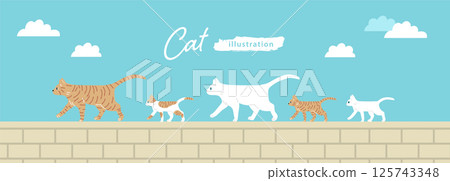 Illustration of a parent and child cat walking on a fence 2 125743348