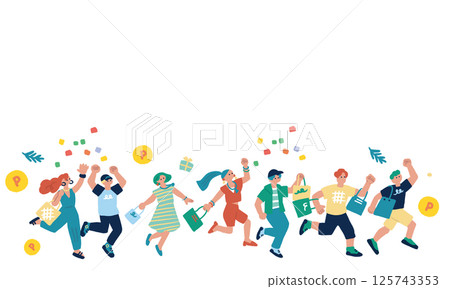 Point campaign: Hand-drawn illustrations of people happy with gifts and shopping Point campaign: Hand-drawn illustrations of people happy with gifts and shopping 125743353