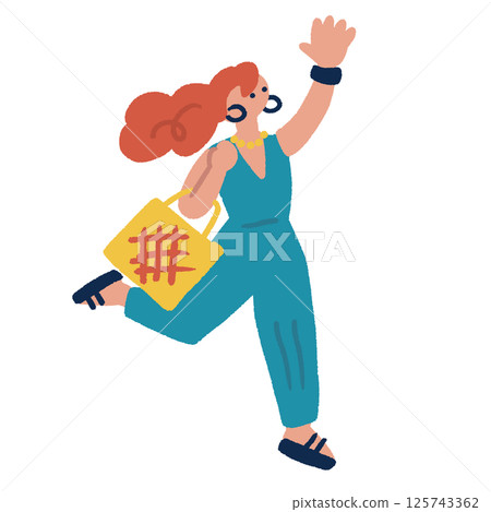 A woman jumping with joy - colorful and flat hand-drawn illustration 125743362