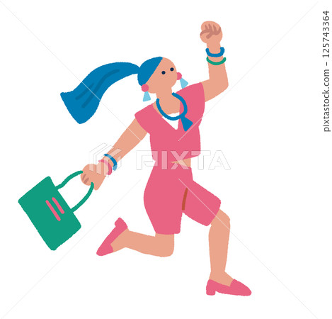 一個女人高興地跳起來 — — 彩色平面手繪插圖 125743364