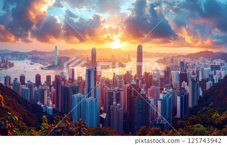 Dramatic sunset over a dense urban skyline with water and mountains. Generate AI 125743942