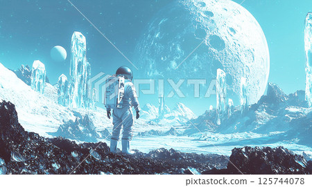 Astronaut staring into space on an ice planet Astronaut staring into space on an ice planet 125744078