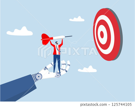 Target achievement,Giant Hand robot support with businessman leader holding dart standing from rising graph arrow and focus to bullseye target to win in business strategy vector Target achievement,Giant Hand robot support with businessman leader holding dart standing from rising graph arrow and focus to bullseye target to win in business strategy vector 125744105
