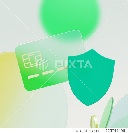 Credit card and shield shaped security glassmorphism 3D image Credit card and shield shaped security glassmorphism 3D image 125744406