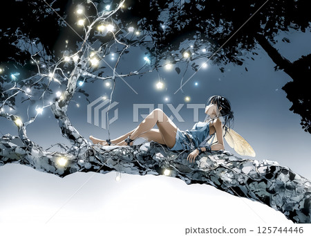 螢火蟲仙子坐在樹上的插圖素材 螢火蟲仙子坐在樹上的插圖素材 125744446