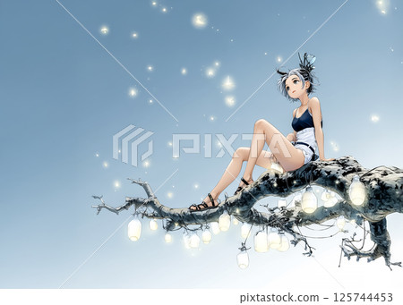 Illustration material of a firefly fairy sitting on a branch 125744453