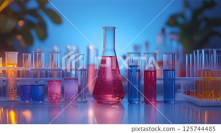 Woman scientist wearing blue gloves, protective glasses and medical mask is using microscope in modern laboratory setup. Low key lighting photo. Science and Medicine 125744485
