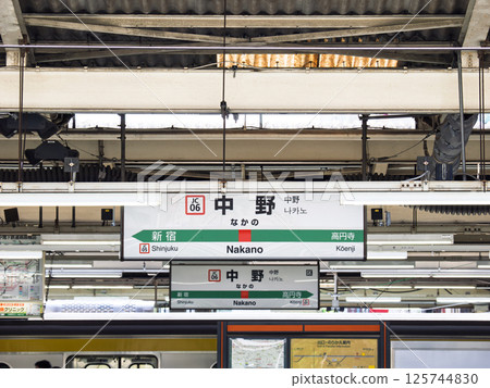 JR Nakano Station station name sign on the Chuo Rapid Line platform 125744830
