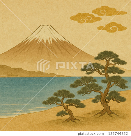 Japanese style high-resolution illustration of Mt. Fuji and Miho no Matsubara Japanese style high-resolution illustration of Mt. Fuji and Miho no Matsubara 125744852