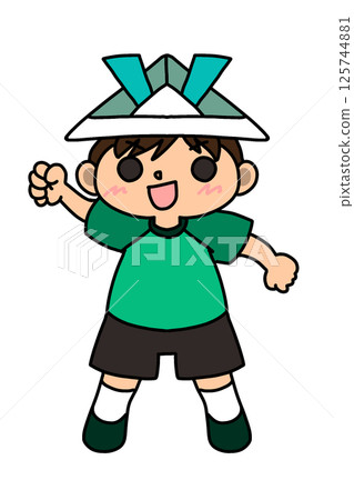 一個戴著紙頭盔並興奮地舉起拳頭的男孩 一個戴著紙頭盔並興奮地舉起拳頭的男孩 125744881