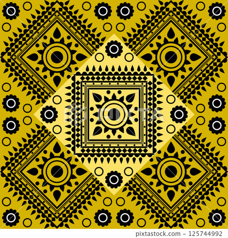 intricate and visually striking pattern featuring geometric and floral motifs in black, yellow, diamond shapes, circular elements, creating a sense of symmetry and cultural richness, floral geometric intricate and visually striking pattern featuring geometric and floral motifs in black, yellow, diamond shapes, circular elements, creating a sense of symmetry and cultural richness, floral geometric 125744992