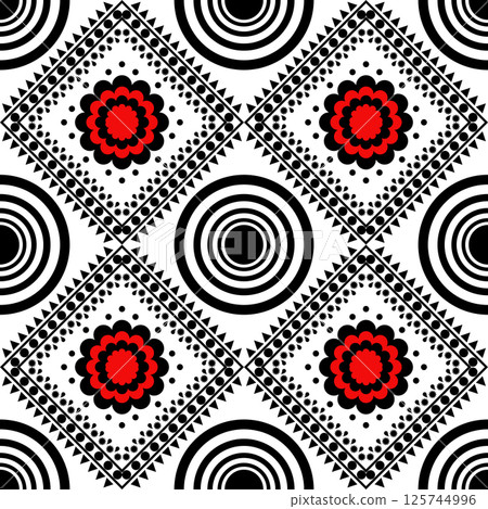 seamless pattern in black, white, red, featuring a combination of geometric shapes like circles, geometric floral pattern, alongside stylized red floral motifs centered within black bordered squares seamless pattern in black, white, red, featuring a combination of geometric shapes like circles, geometric floral pattern, alongside stylized red floral motifs centered within black bordered squares 125744996