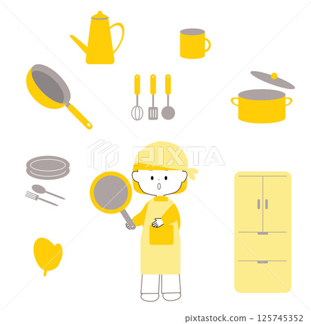 烹飪女孩和廚房用具圖示集 125745352