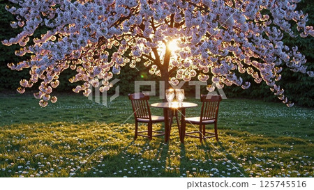Golden sunset serenity under blooming cherry tree 125745516