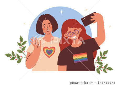 Happy LGBT Lesbian Couple. Smiling female Friends with Rainbow Symbols together Taking Selfie. LGBTQ support, celebrating love, identity and equality. Vector Illustration for Pride Month Happy LGBT Lesbian Couple. Smiling female Friends with Rainbow Symbols together Taking Selfie. LGBTQ support, celebrating love, identity and equality. Vector Illustration for Pride Month 125745573