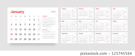 Monthly calendar layout for 2026. Planner diary. 125745584
