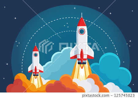 space shuttle launch flat vector illustration with smoke clouds beneath the spacecraft. 125745823