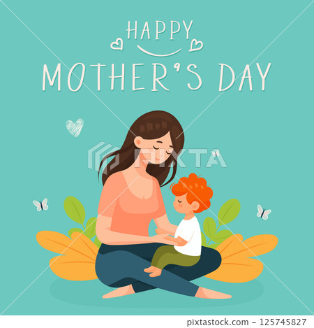 happy mothers day flat vector illustration with mom and child hugging. happy mothers day flat vector illustration with mom and child hugging. 125745827