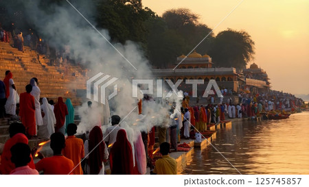 Pilgrims performing Ganga Aarti ceremony at sunrise 125745857