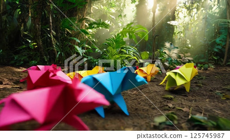 Colorful origami animals running in the jungle 125745987