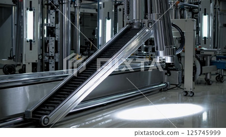 Robotic Arm Handling Material on Conveyor Belt in Factory 125745999