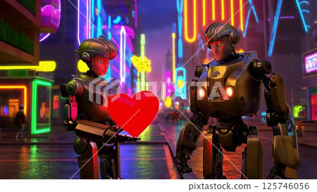 Robot offering a heart to another robot in futuristic city 125746056