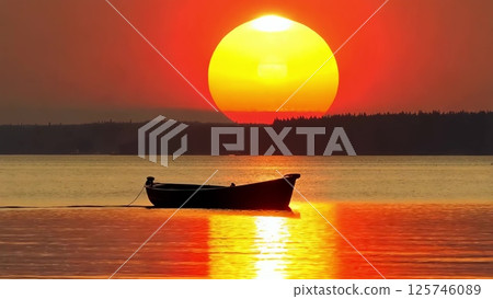 Small boat floating on calm water during sunset 125746089