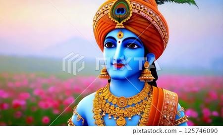 Krishna statue portrait in flower field 125746090