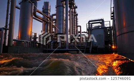 Industrial Plant Reflecting on Water at Sunset 125746091