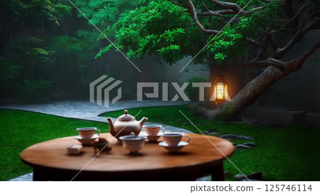 Rain falling on tea set in a peaceful Japanese garden 125746114