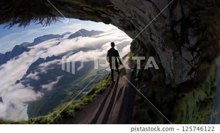 Backpacker walking on mountain path under natural rock arch Backpacker walking on mountain path under natural rock arch 125746122