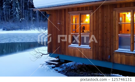 Cozy lakeside cabin opening window at sunset in winter Cozy lakeside cabin opening window at sunset in winter 125746131