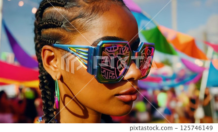 Stylish woman wearing sunglasses at music festival 125746149